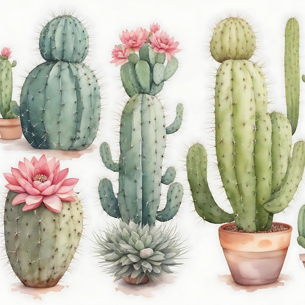 El cactus de cara dulce ilustraciones encantadoras en acuarela
