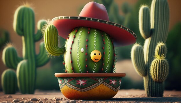 Un cactus con una cara sonriente está en una escena mexicana.