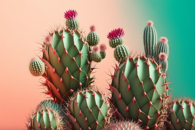 Un cactus con un centro rosa y hojas verdes.