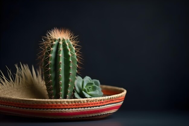 Cactus en una cesta de mimbre sobre un fondo oscuro Copiar espacio