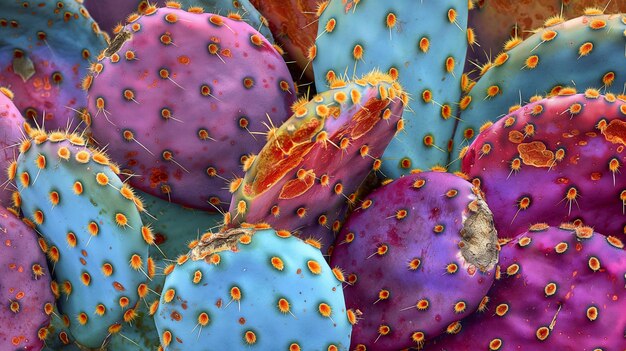 Foto un cactus colorido con flores amarillas y púrpuras