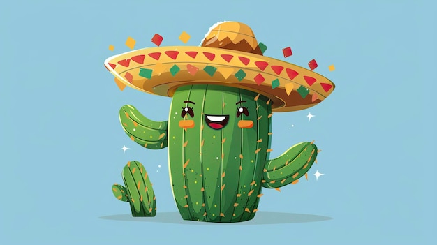 Foto cactus com chapéu de sombrero no topo da colina do deserto no estilo de clipart de ilustração vetorial de desenho animado