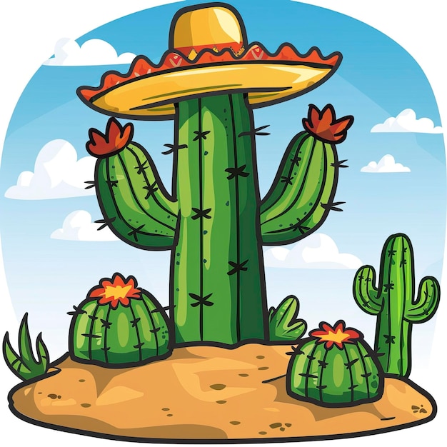 Cactus com chapéu de sombrero no topo da colina do deserto no estilo de clipart de ilustração vetorial de desenho animado