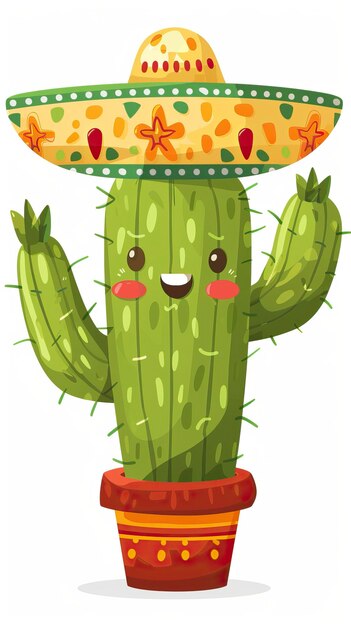 Foto cactus com chapéu de sombrero no topo da colina do deserto no estilo de clipart de ilustração vetorial de desenho animado
