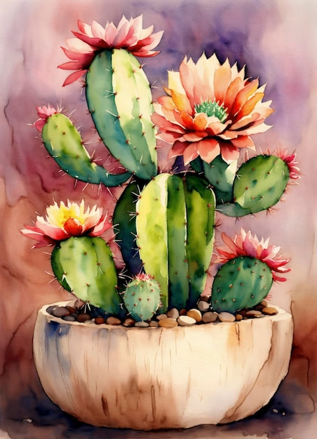 Cactus com flor estilo aquarela estilo madeira