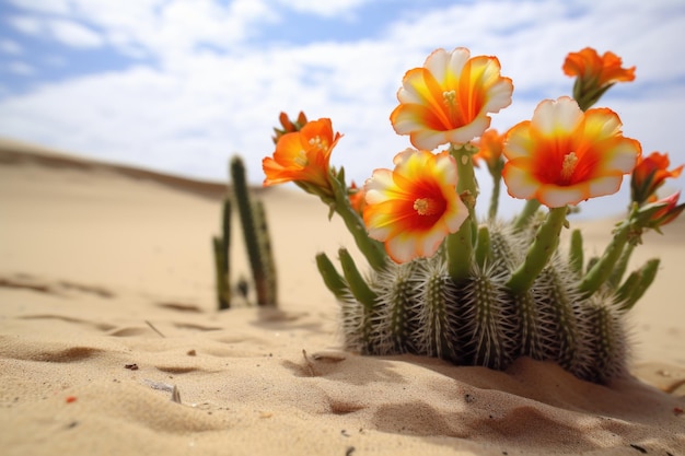 Cactus com flores florescentes contra um pano de fundo arenoso