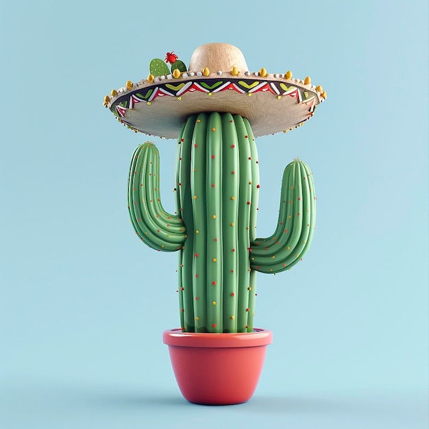 Cactus com sombreiro em cima em uma panela