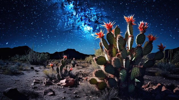 Cactus com um céu noturno e montanhas ao fundo