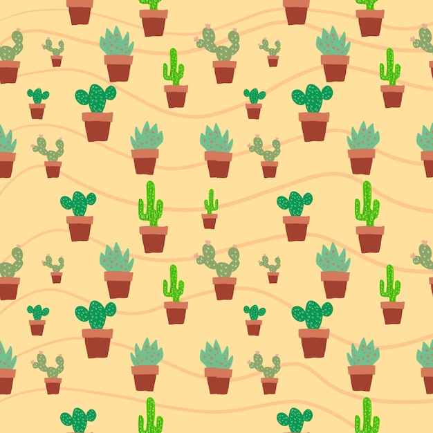 Cactus sin costuras en plat pot color marrón patrón de fondo gráfico de ilustración Cactus de árbol verde