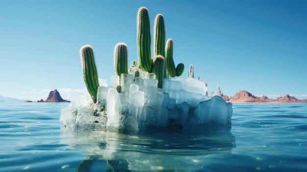 un cactus creciendo en el hielo en el agua