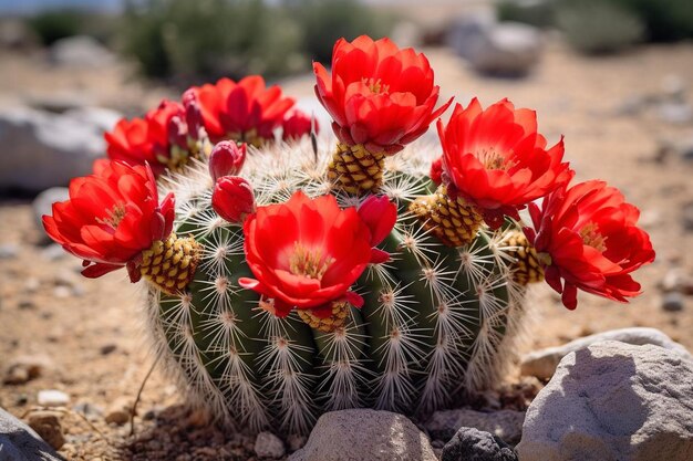 Foto cactus de barril com flores vermelhas florescendo