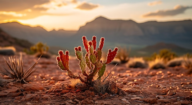 Un cactus en el desierto al atardecer con montañas