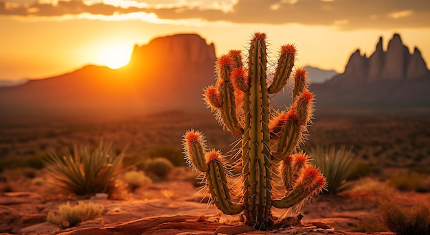 Un cactus en el desierto al atardecer con montañas