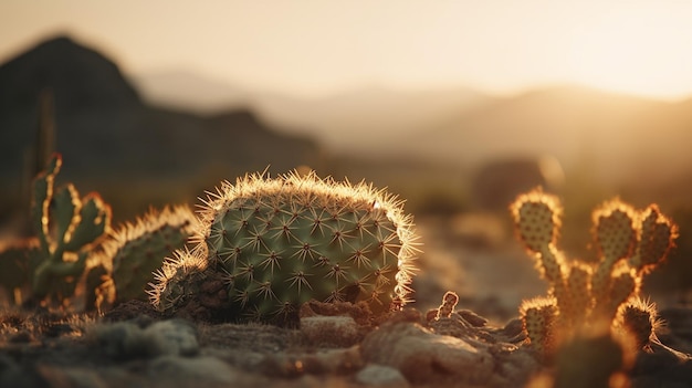 Un cactus en el desierto con la puesta de sol detrás de él