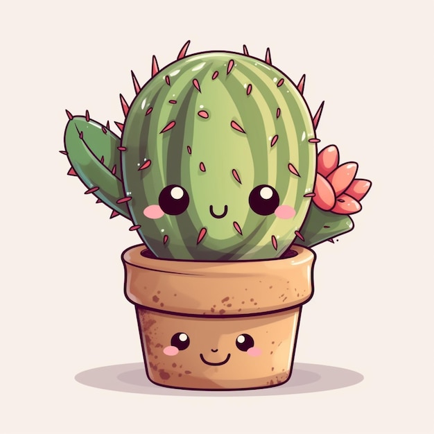 Cactus de dibujos animados en una olla con una flor generativa ai