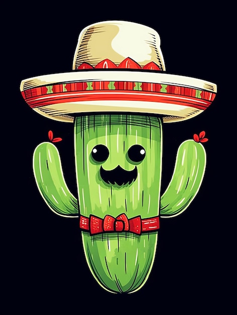 Cactus de dibujos animados con sombrero y pajarita con pelo facial