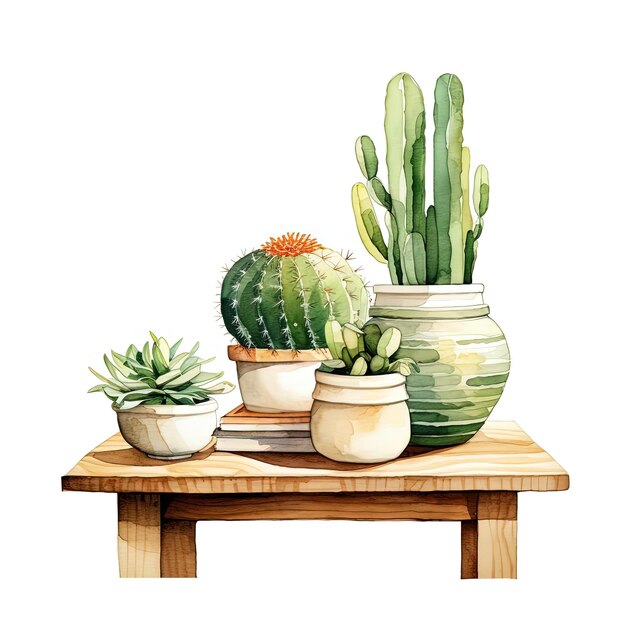 cactus em mesa ilustração de aquarela isolada no estilo de contador de histórias de cerâmica