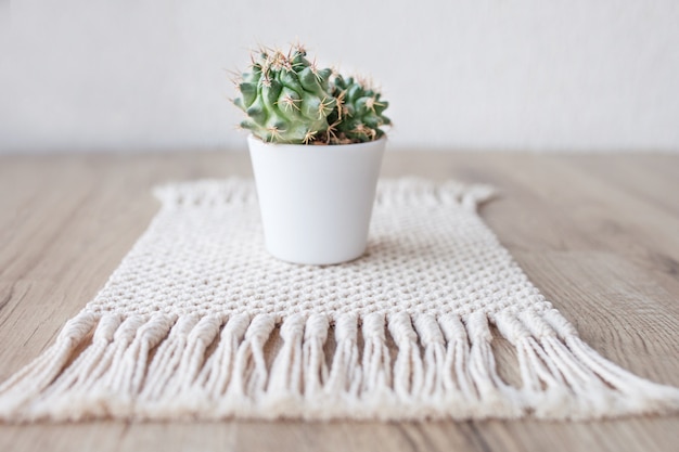 Cactus em pote no tapete de tapete de fio de algodão natural na mesa de madeira rústica. Estilo eco com planta verde. Macrame moderno feito à mão. Conceito de decoração para casa de malha