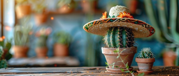 cactus em sombrero como pano de fundo da celebração do Cinco de Mayo