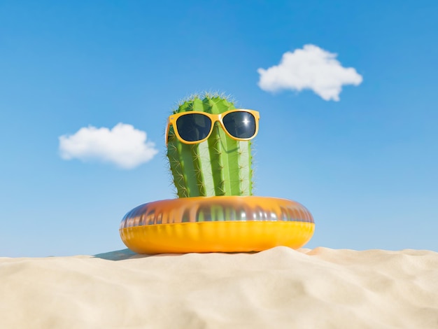 Cactus em um flutuador na areia da praia