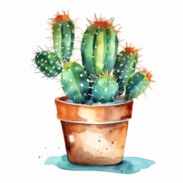 Cactus em uma pintura em aquarela de pote