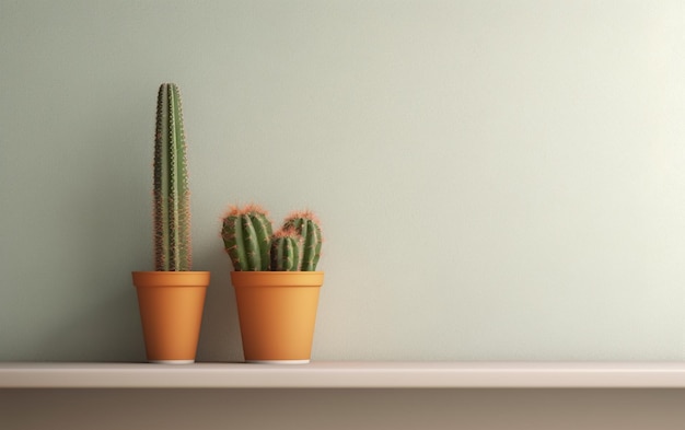 Cactus em uma prateleira com um fundo de parede em branco