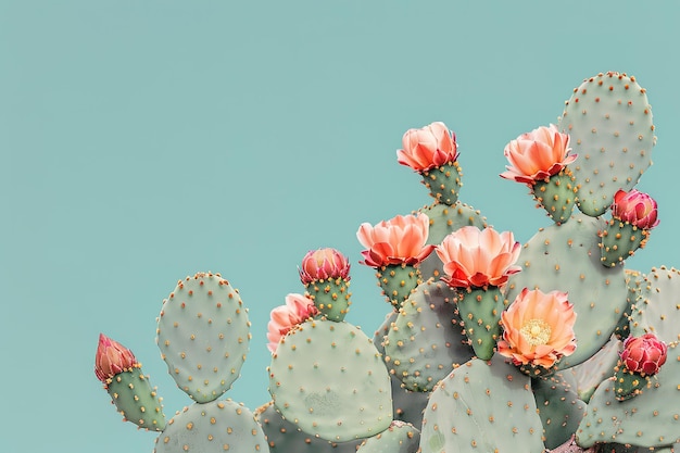 Cactus en flor con flores rosadas contra un fondo azul pastel