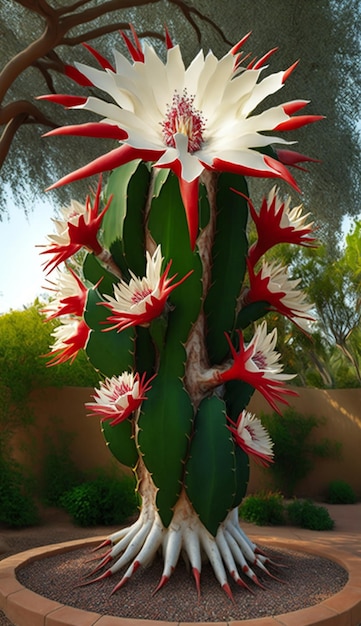 Un cactus con una flor roja y blanca.