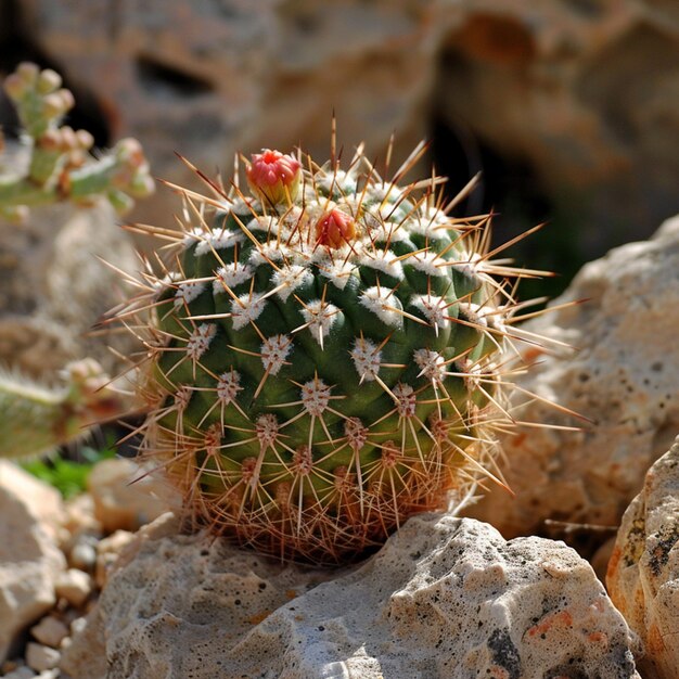 Foto un cactus con una flor roja en él se sienta en las rocas