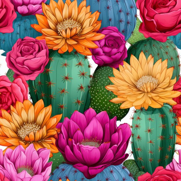 Cactus floreciente Un patrón transparente vibrante y colorido