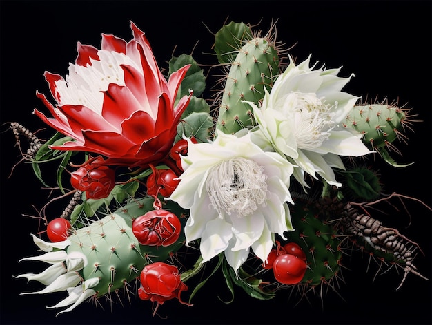 Cactus con flores blancas y rojas generadas por la IA