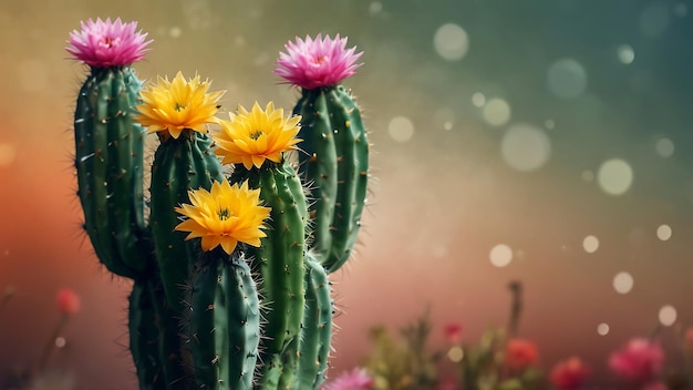 un cactus con flores y rocas en el fondo