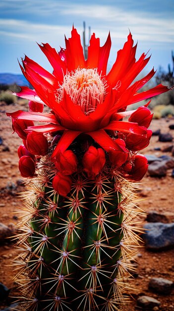 Foto un cactus con flores rojas y una montaña en el fondo