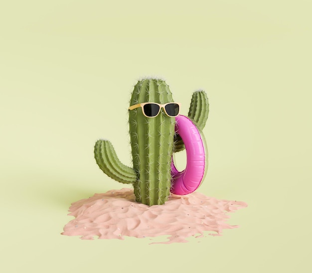Foto cactus con gafas de sol y anillo de natación en la arena