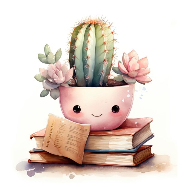 Foto cactus con libros de acuarela