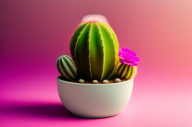 Cactus en una maceta blanca aislada sobre un fondo rosa brillante