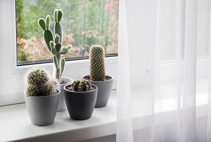 Cactus en macetas en el alféizar de la ventana de la habitación.