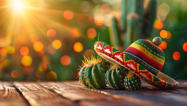 Foto cactus mexicano com chapéu de sombrero e flor em mesa de madeira