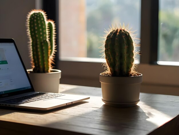 Cactus na mesa com luz solar de laptop e vibrações aconchegantes de escritório em casa