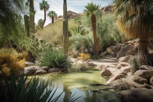 Los cactus de un oasis en el desierto con agua que fluye y exuberantes plantas verdes