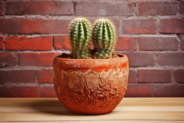 Cactus en una olla de arcilla en una mesa de madera