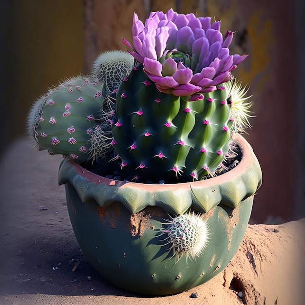 Cactus en una olla con flores rosas y cactus