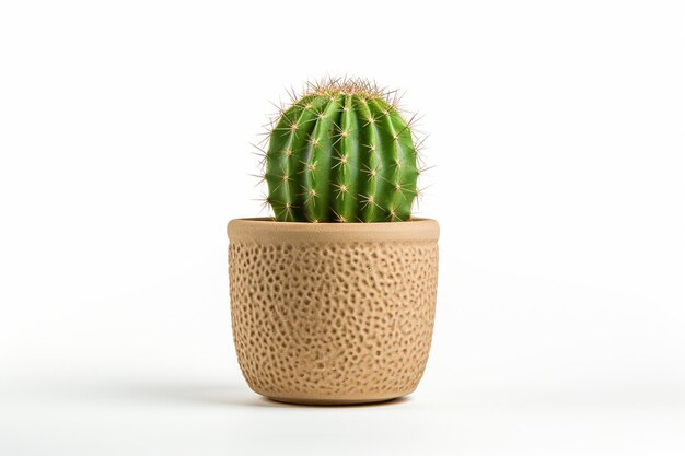 Un cactus en una olla con un fondo blanco