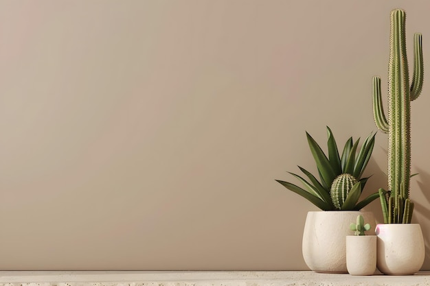 Foto cactus en ollas de arcilla en un estante blanco contra una pared beige