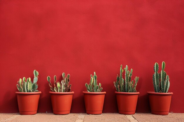 Foto cactus pequeños con un fondo de pared roja