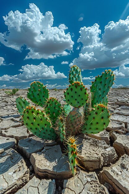 Cactus de pera espinosa que crece en el desierto agrietado