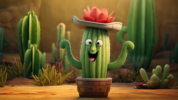 Foto cactus de personaje de dibujos animados en el desierto con una cara sonriente y brazos levantados en un gesto alegre