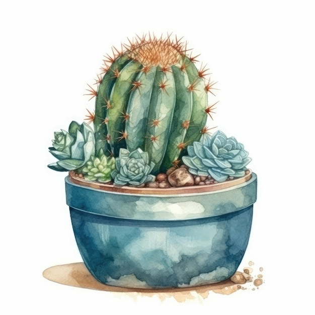 Cactus en una pintura de acuarela de maceta