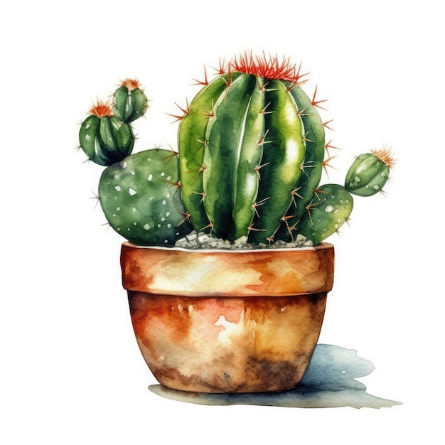 Cactus en una pintura de acuarela de maceta