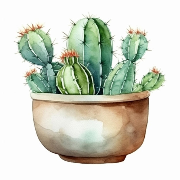 Cactus en una pintura de acuarela de maceta